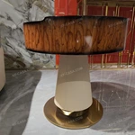 Round Natural Stone Sofa Side Table with Wood Veneer Drum, Upholstered Pedestal and Gold Stainless Steel Base